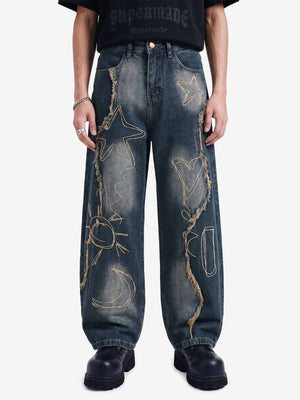 Vintage Embroidered Washed Raw-Edge Graffiti Scimitar Jeans
