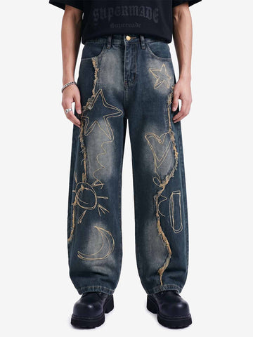 Vintage Embroidered Washed Raw-Edge Graffiti Scimitar Jeans