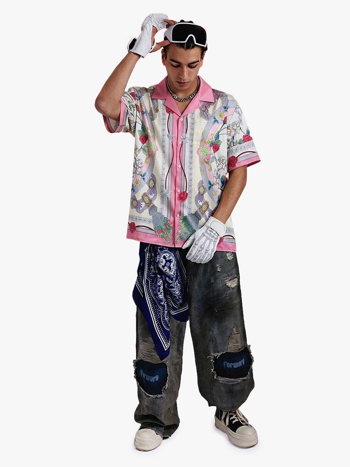 Baroque Floral Satin Cuban Shirt 