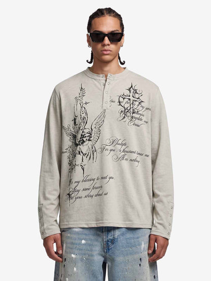 Gothic Angel Graphic Long Sleeve Henley T-Shirt 