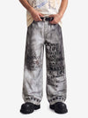 Distressed Dirty Wash Text Graphic Star Trim Straight Leg Pants