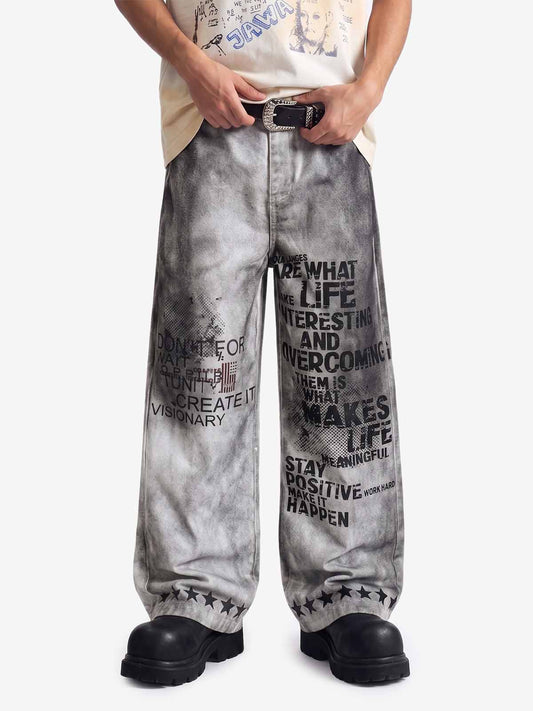 Distressed Dirty Wash Text Graphic Star Trim Straight Leg Pants