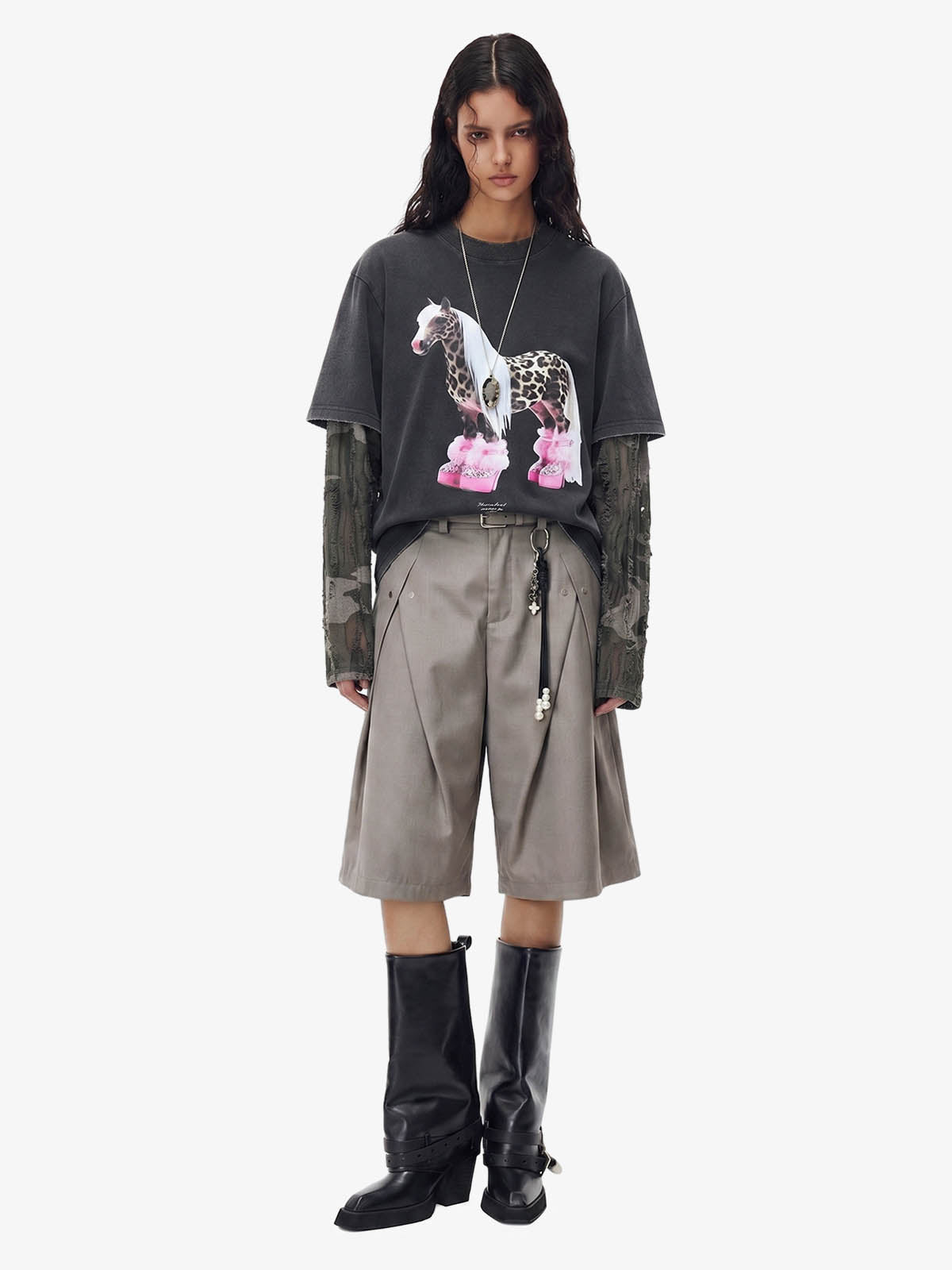 Layered Leopard Horse Graphic Long Sleeve T-Shirt