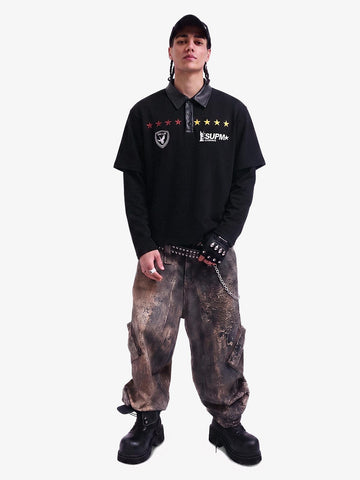 Motorcycle Style Lapel Polo Long Sleeve T-Shirt