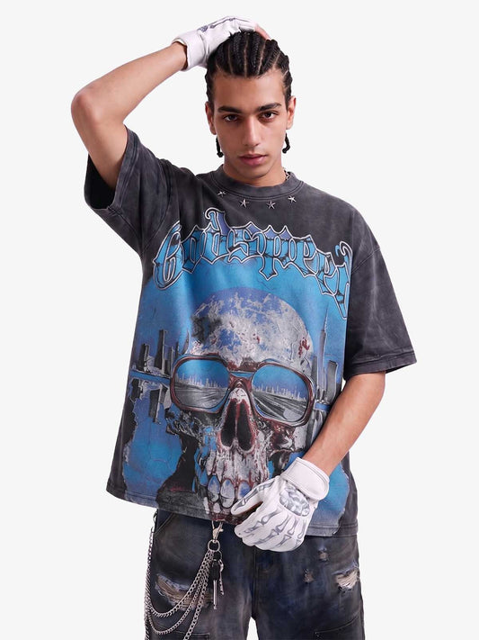 Jersey Knit Street Retro Skull Graffiti Print T-Shirt