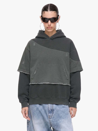 Distressed Patchwork Raw-Edge Layered-Hem Fleece Hoodie