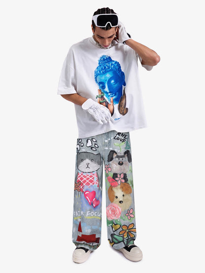 Graffiti Cartoon Animal Print Distressed Wide Leg Denim Jeans