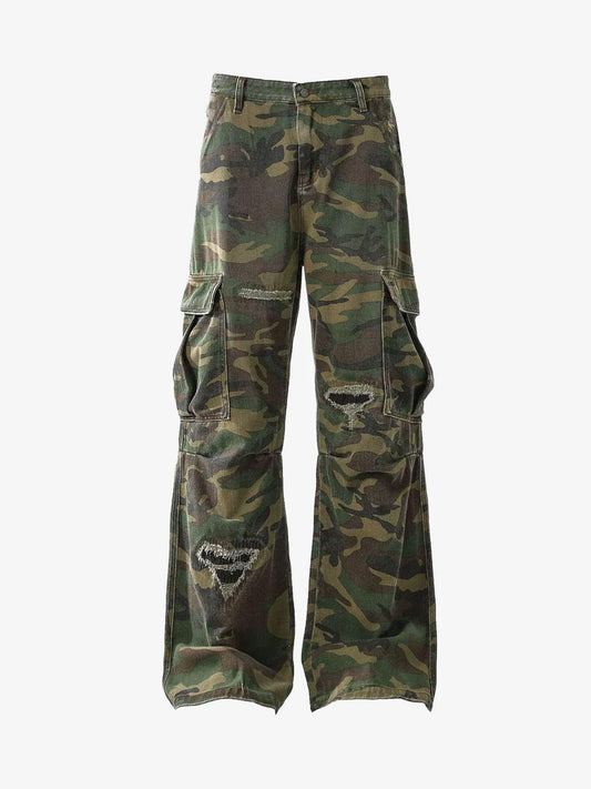 Woven Ripped Camouflage Cargo Baggy Pants - 2410