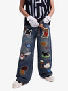 Retro Cartoon Graphic Heavy Embroidery Barrel Jeans - 2562