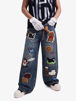 Retro Cartoon Graphic Heavy Embroidery Barrel Jeans - 2562