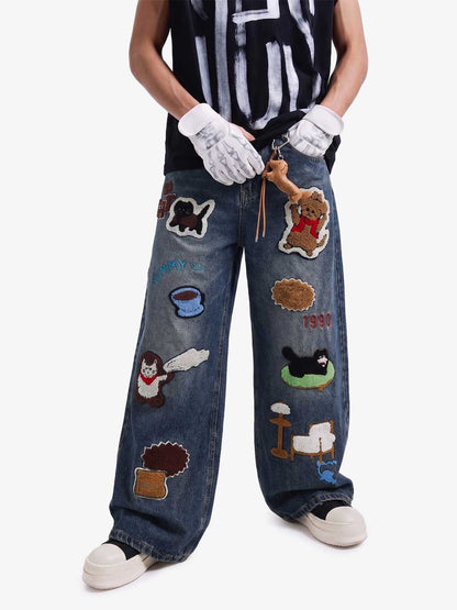 Retro Cartoon Graphic Heavy Embroidery Barrel Jeans - 2562