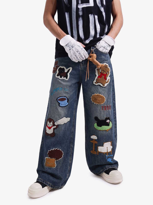 Retro Cartoon Graphic Heavy Embroidery Barrel Jeans - 2562
