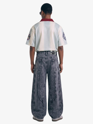 Washed Geometric Panel Barrel Jeans 
