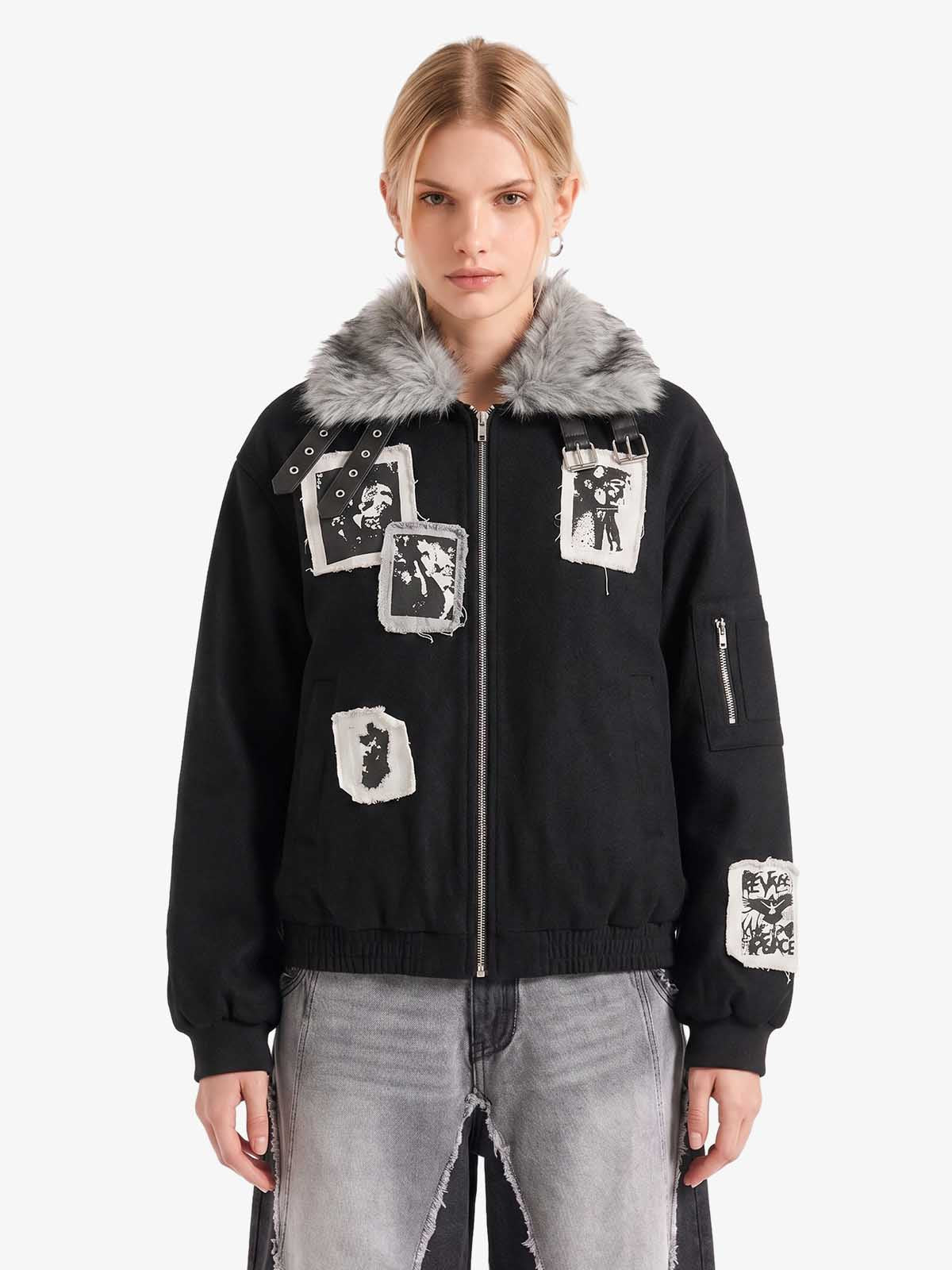 Faux Fur Collar Patchwork Embroidered Quilted Jacket