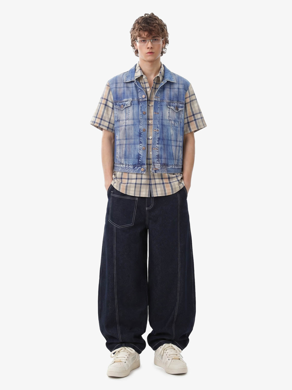 Layered Plaid Denim Print Short Sleeve Shirt 
