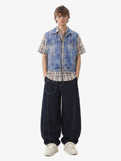 Layered Plaid Denim Print Short Sleeve Shirt 