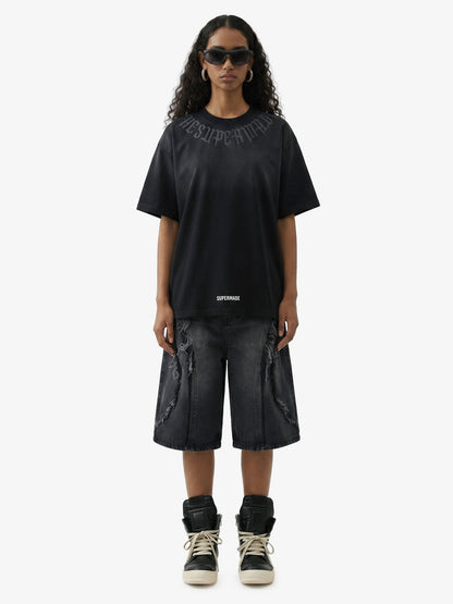 Retro Gradient Letter Printed Washed Oversize T-shirt