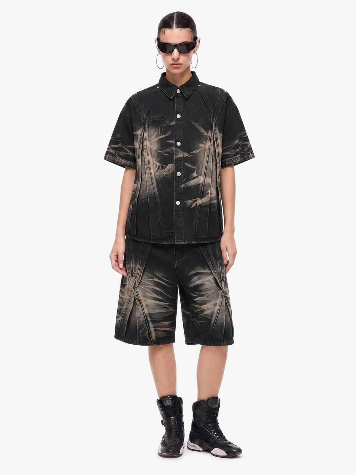 Washed Black Branch Print Deconstructed Denim Set