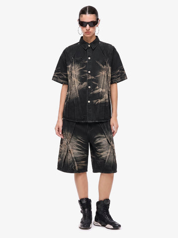 Washed Black Branch Print Deconstructed Denim Set