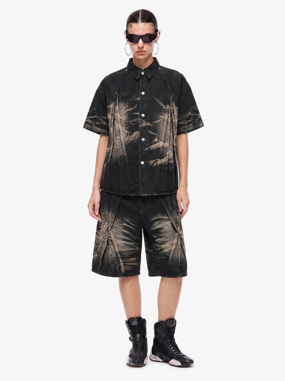 Washed Black Branch Print Deconstructed Denim Set