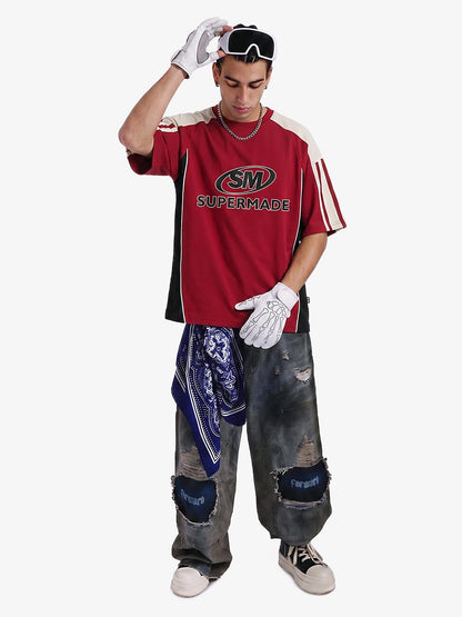 Color-Blocked Strip Racing T-shirt - 2076