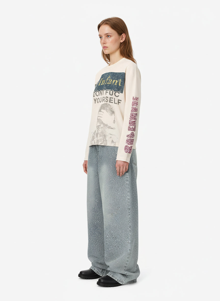 Waffle Knit Graphic Print Crewneck Sweatshirt - 2496 
