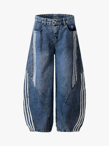 Denim Contrast Striped Stitching Barrel Jeans - 2504 