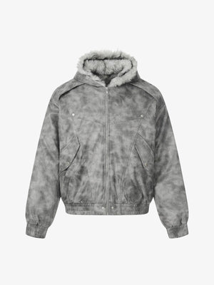 Faux Suede Vintage Wash Fur Hood Padded Jacket - 2553 