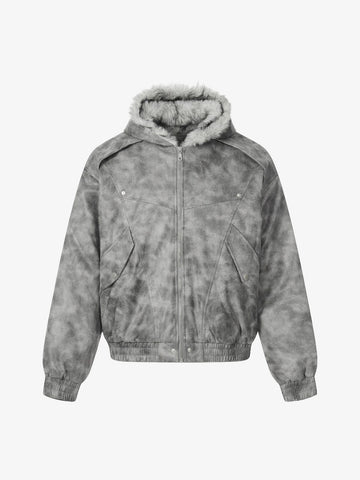 Faux Suede Vintage Wash Fur Hood Padded Jacket - 2553 