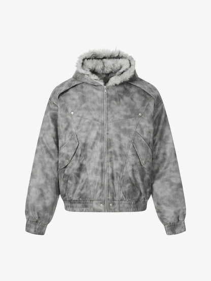 Faux Suede Vintage Wash Fur Hood Padded Jacket - 2553 