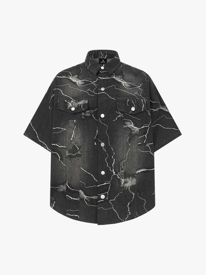 Vintage Lightning Bolt Graphic Denim Short Sleeve Shirt 