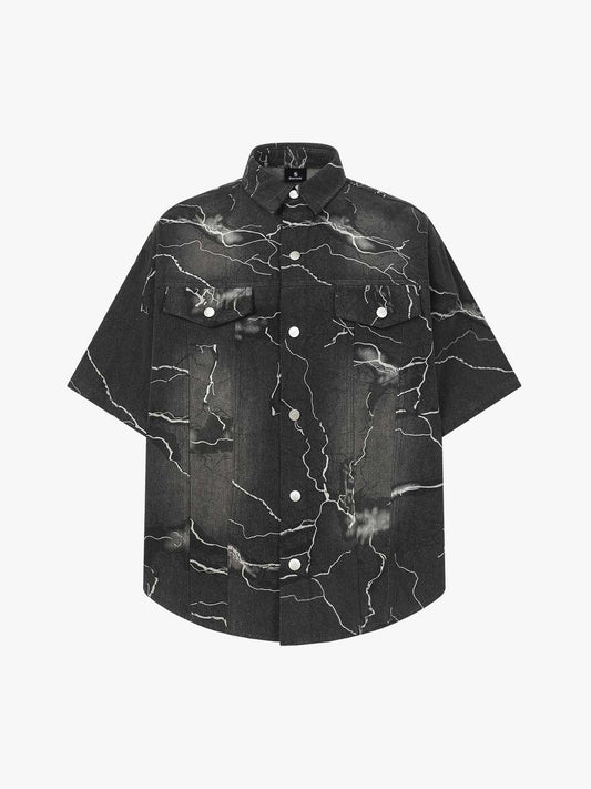 Vintage Lightning Bolt Graphic Denim Short Sleeve Shirt 