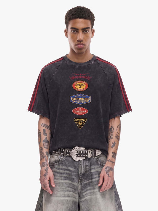 Washed Moto Graphic Distressed Raglan T-Shirt