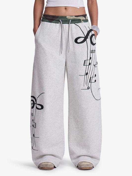Music Note Graphic Camo Patchwork Baggy Sweatpants