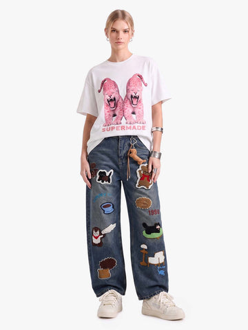 Retro Cartoon Graphic Heavy Embroidery Barrel Jeans - 2562