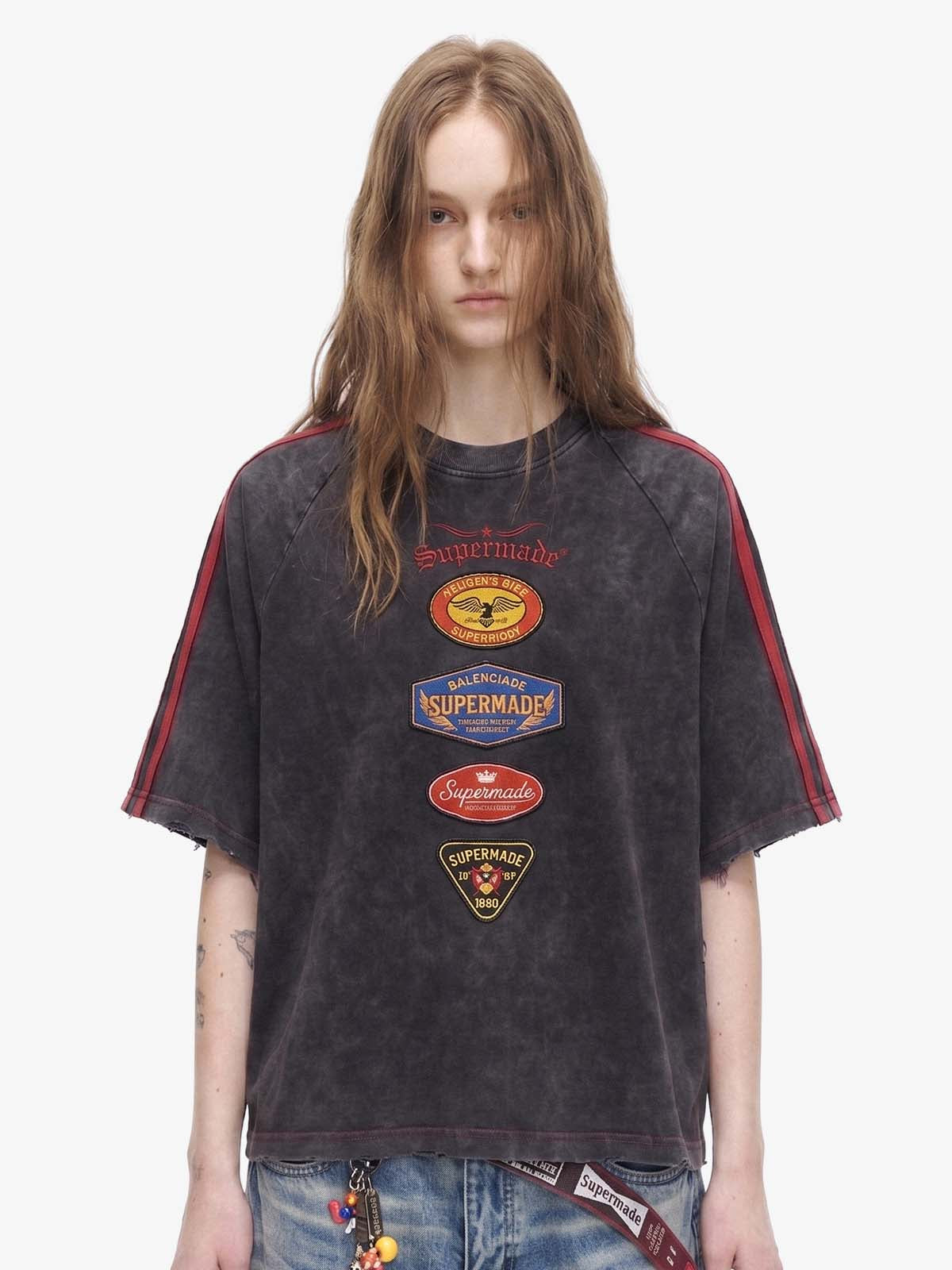 Washed Moto Graphic Distressed Raglan T-Shirt