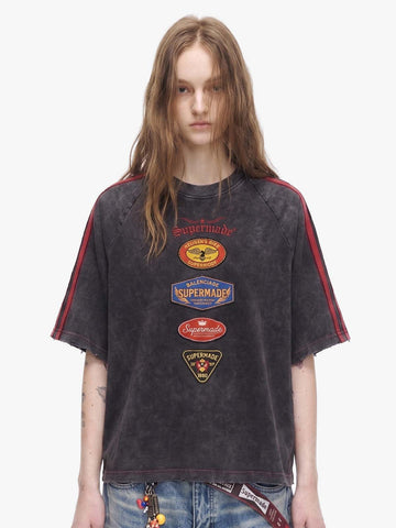 Washed Moto Graphic Distressed Raglan T-Shirt