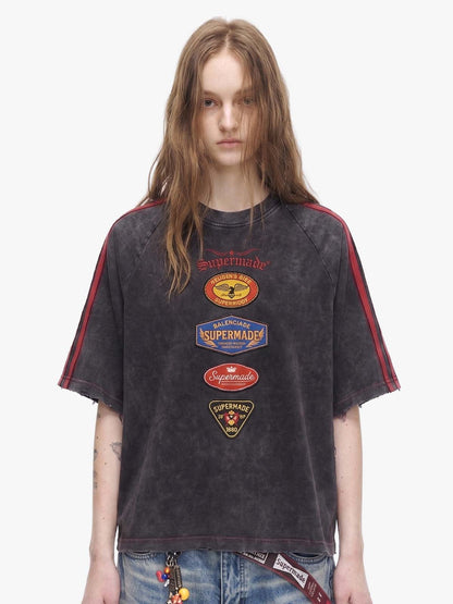 Washed Moto Graphic Distressed Raglan T-Shirt