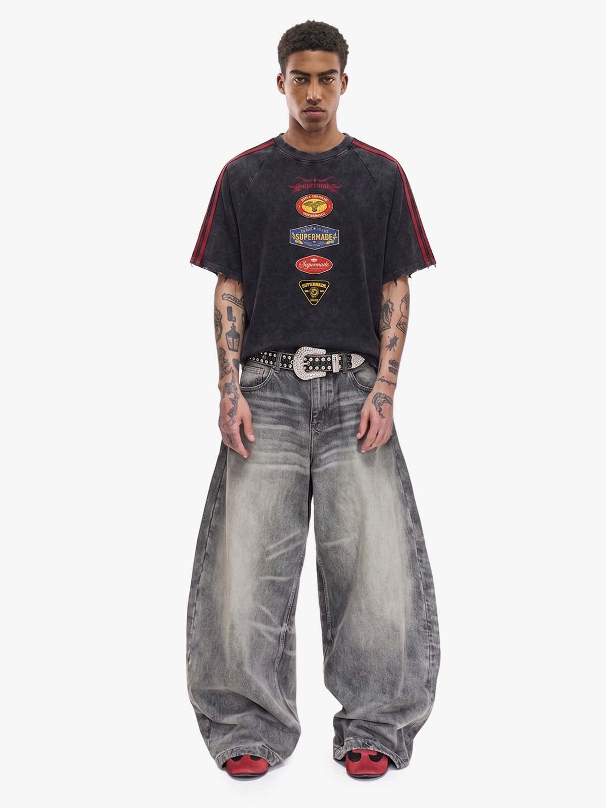 Washed Moto Graphic Distressed Raglan T-Shirt