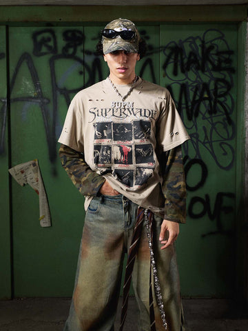 Jersey Distressed Camouflage Double Layered Graphic T-Shirt - 2420