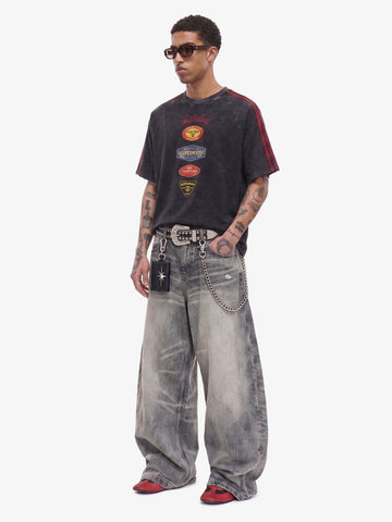Washed Moto Graphic Distressed Raglan T-Shirt