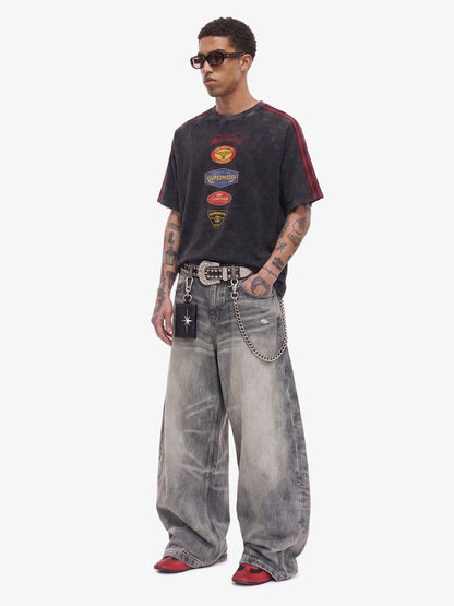 Washed Moto Graphic Distressed Raglan T-Shirt