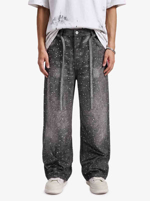 Denim Distressed Belt Diamond Decorated Jeans