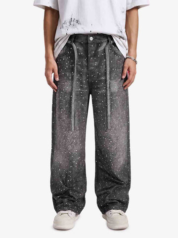 Denim Distressed Belt Diamond Decorated Jeans