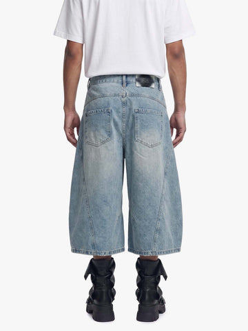 Curved Silhouette 3D Paneled Denim Shorts 