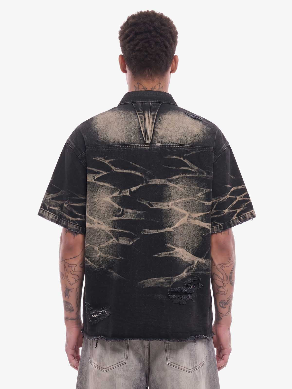 Washed Black Branch Print Deconstructed Denim Set