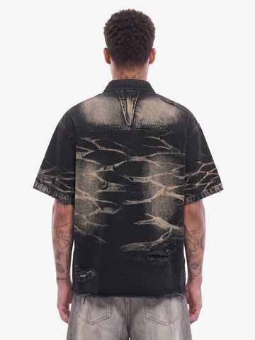 Washed Black Branch Print Deconstructed Denim Set