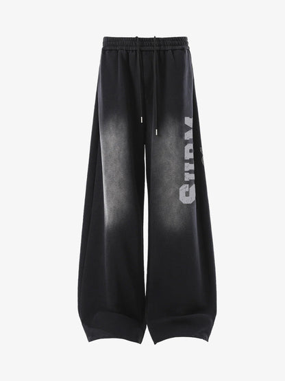 French Terry Distressed Gradient Drawstring Wide Leg Pants 