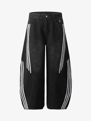 Denim Contrast Striped Stitching Barrel Jeans - 2504 