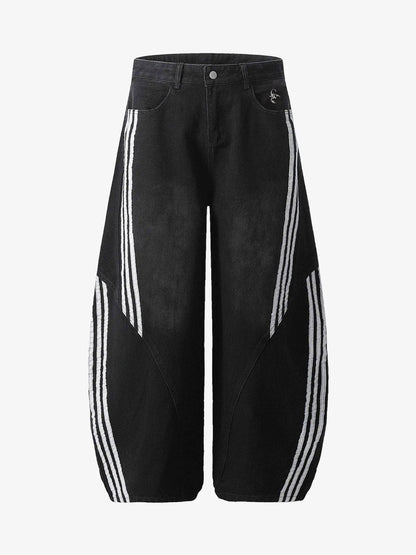 Denim Contrast Striped Stitching Barrel Jeans - 2504 